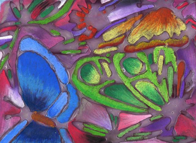 Three Butterfly, 14 aged-girl made by chalk and glue on kraft paper