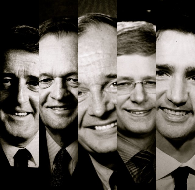 Pictured from left to right are the Canadian Prime Ministers who, since the 1980s, have introduced a federal science policy: Brian Mulroney, Jean Chrétien, Paul Martin, Stephen Harper, and Justin Trudeau